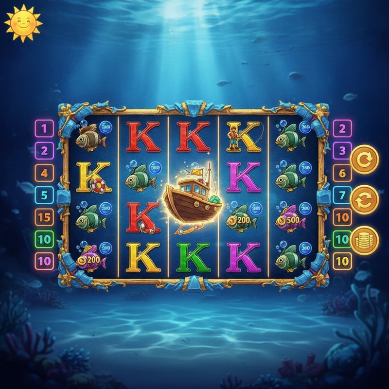 Fishin Frenzy slot main screen showing the 5x3 ocean-themed reels with boat scatter and pelican symbols