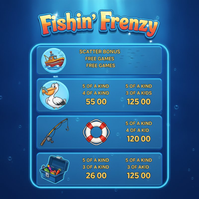 Fishin Frenzy paytable displaying pelican, fishing rod, life preserver and tackle box symbol payouts